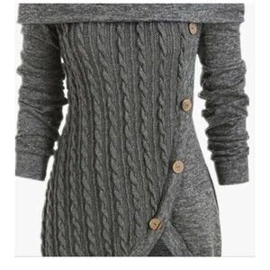 Dressfo Gray Cable-Knit Sweater Dress W/ Button Accents Size 8 Long Sleeved L